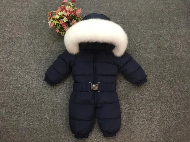 Newborn Winter Romper Baby Snowsuit Infant Overcoat Kids Snow Wear Jumpsuit Duck Down Coatton Liner Child New Year Costumes - Color: white fur blue