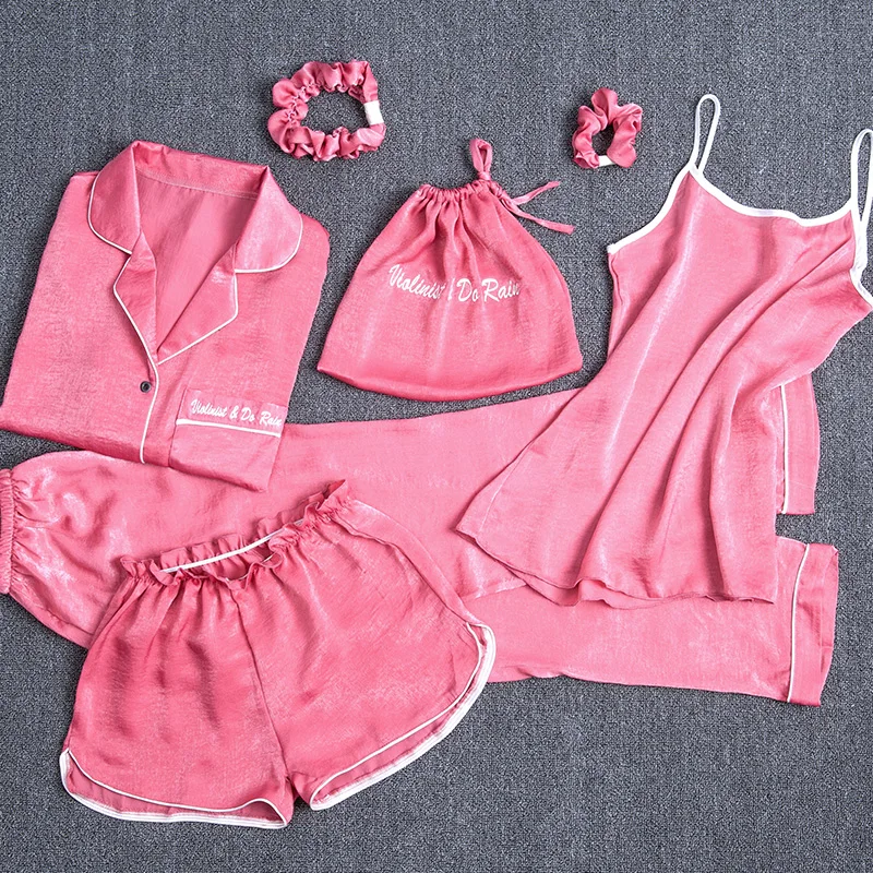 

Womens Silk Pyjamas Set 7 Pieces Set pajamas women autumn winter silk sleepwear pijama casual comfortable womens home wear