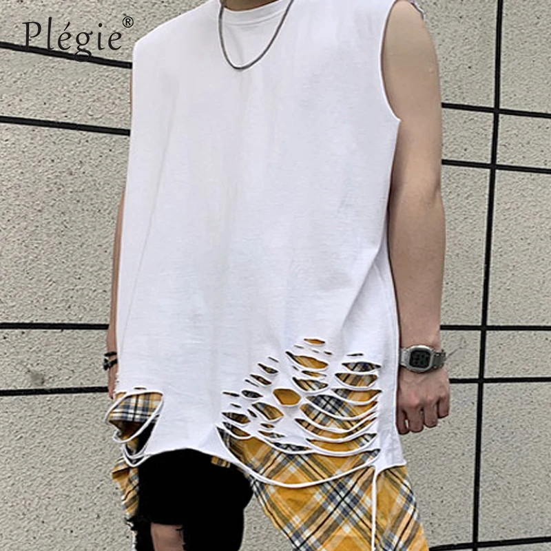 

Plegie Distressed Ripped Destroyed Holes Oversized Vest Tanks Tops Hipster Mens Summer Hip Hop Casual Extended Sleeveless Tees