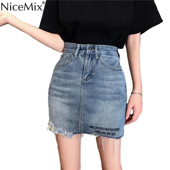 

NiceMix 2019 Summer Casual Pencil Jeans Skirt Women High Waist Jupe Irregular Denim Skirts Embroidery Female Mini Saia Faldas