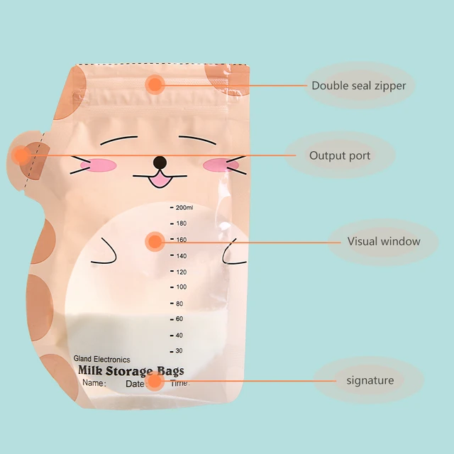 GL 90 Pieces Breast Milk Storage Bag Mark Name and Date 200ml BPA free Safe Baby feeding Storage Bag Cute Cartoon Design GLCN-3