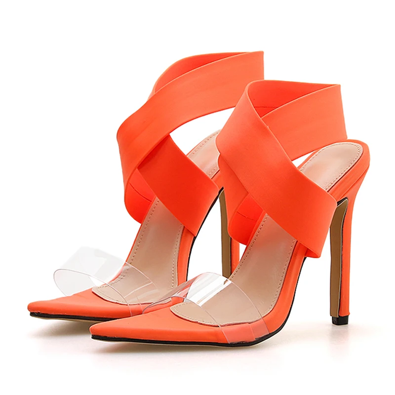Big Size 35-42 Orange Yellow Thin Heels Women Pumps Slip on Stretch Fabric Women's Shoes Sexy Clear PVC Pointed Toe Party Pumps