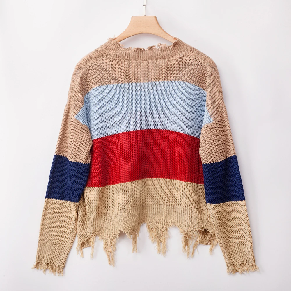 Rainbow Sweater Women Ripped V Neck Pullover and Sweater Long Sleeve Striped Autumn Knit Sweater