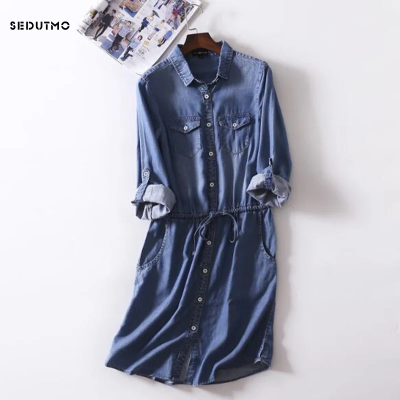 SEDUTMO 2018 Spring Denim Dress Women Tunic Jeans Shirt Dresses Sexy Autumn Vintage Fashion Long Sleeve Party Dress ED217