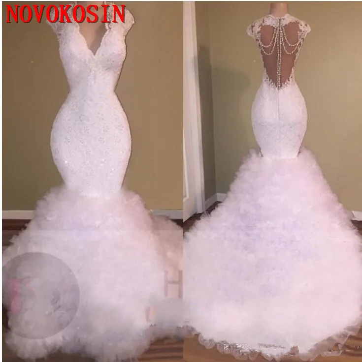 White Mermaid Prom Dress Tiered Puffy Ball Gown Tulle Skirt Backless Beads Long Chapel Train 