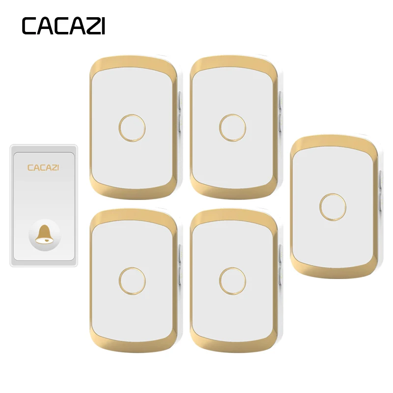 

CACAZI Self-powered Wireless Doorbell Waterproof No battery LED Light EU Plug Cordless DoorBell 200M Remote 1 Button 5 Receiver
