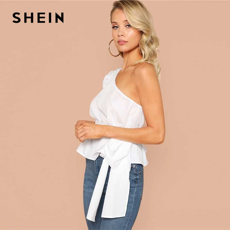 SHEIN مثير الأبيض واحد الكتف نفخة كم Peplum عقدة مربوط بلوزة المرأة الصيف 2019 الصلبة كشكش أنيقة حزب البلوزات