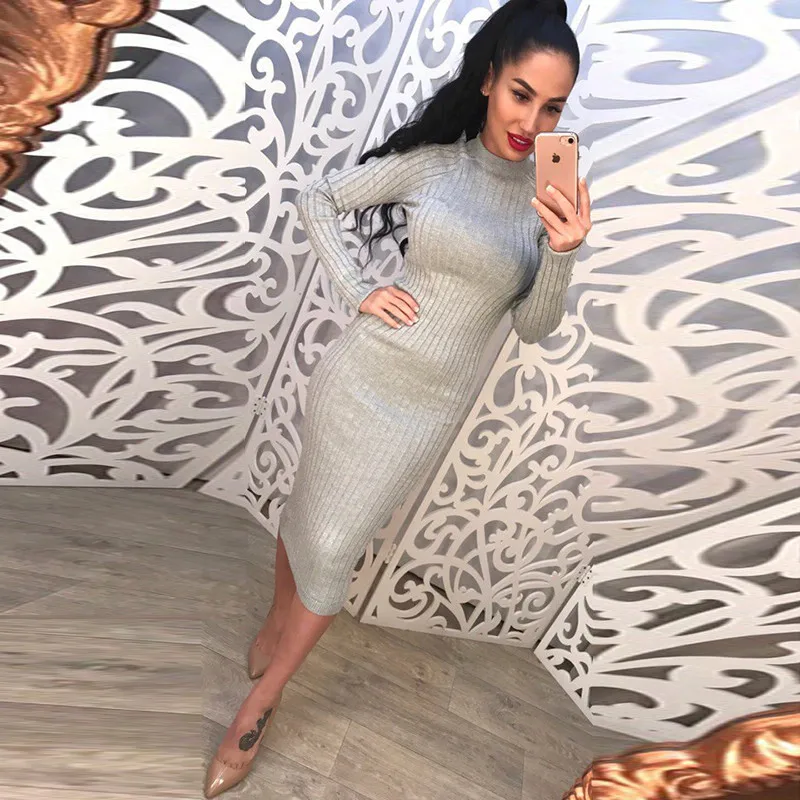 Women Sweater Dress 2017 Fall Winter Long Sleeve O Neck Sexy Bodycon Dress Elastic Striped Skinny Knitted Dresses Robe Vestidos14