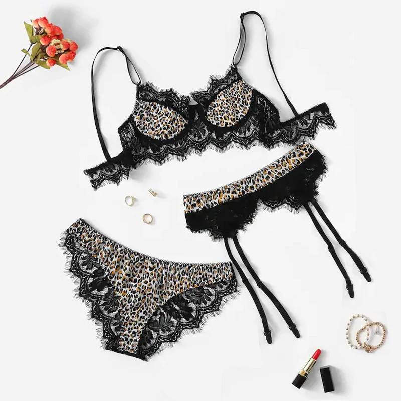 

Women's Sexy Underwear Set Leopard Lace Full Cup Bra Transparent Sexy Underwear Slim Push Up Bra Lady Comfortable Pajamas
