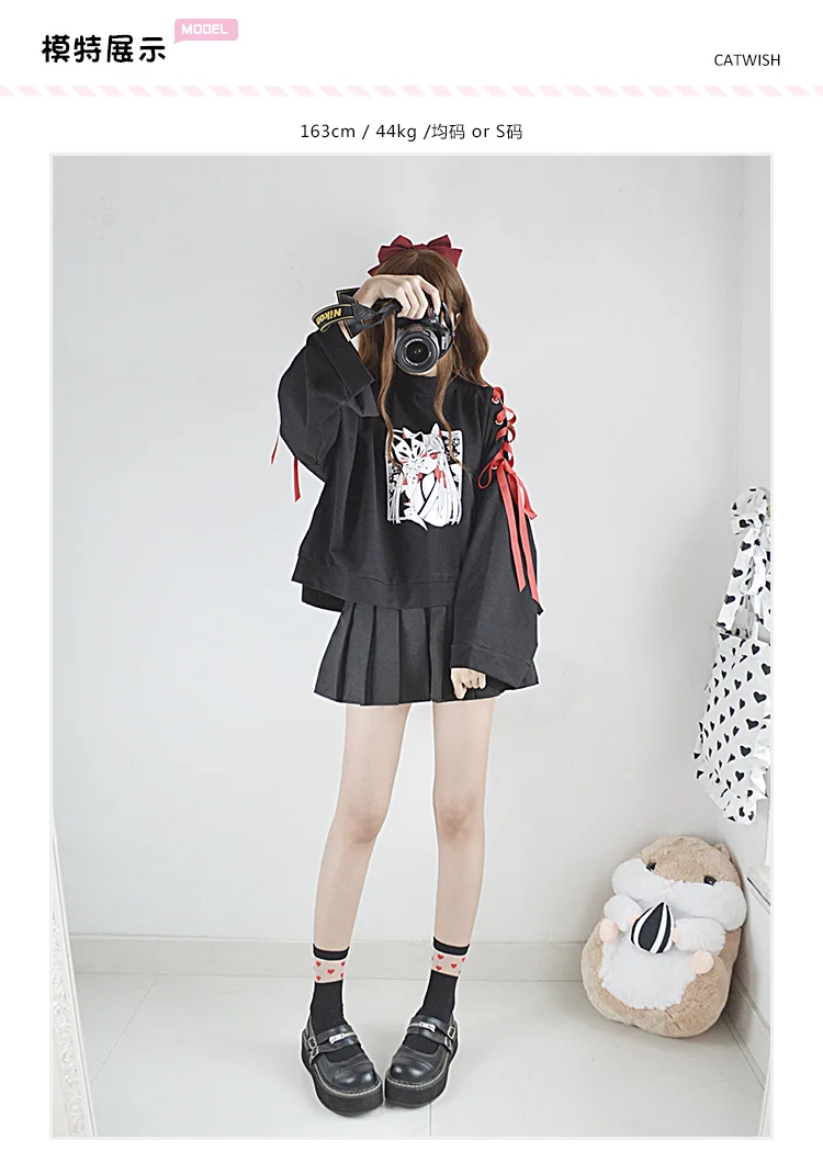 Японский стиль, рисунок лисы, черные свитшоты для женщин, винтажные, темно-панк, красная лента, галстук, худи, Осень-зима, пуловеры, топы, крутые