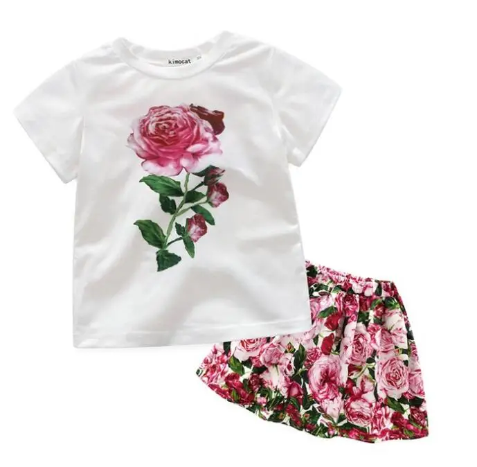 

sinyuer cat 2 pcs set Girls dress 2017 Brand Girls Summer Tops Kid Clothes Flower Children T shirts +skirt for Girl