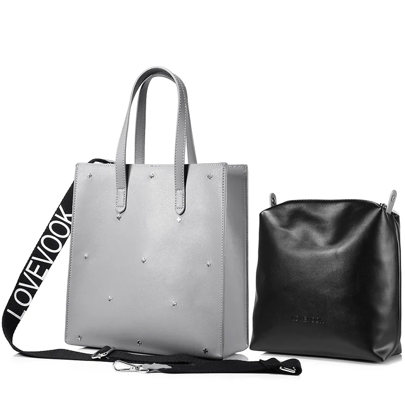 Женский набор сумок 2 шт LOVEVOOK, большая повседневная сумка на плечо с короткими ручками, ммодная сумка через плечо для девочек и дамы, из искусственной кожи, для всех сезонов - Цвет: Серый
