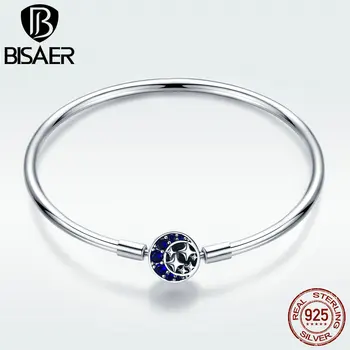 

BISAER Authentic 925 Sterling Silver Blue CZ Moon And Star Night Brand Bracelet Bangle For Original 3mm Charm Beads GXB080