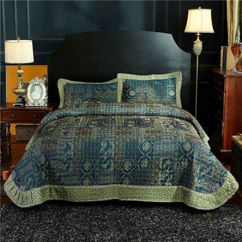 

Blue Gold Brown Luxury European Jacquard Cotton Blanket Tatami Mat Summer Quilt Bedspread Bed sheet Pillowcases Bedding Set 3pcs