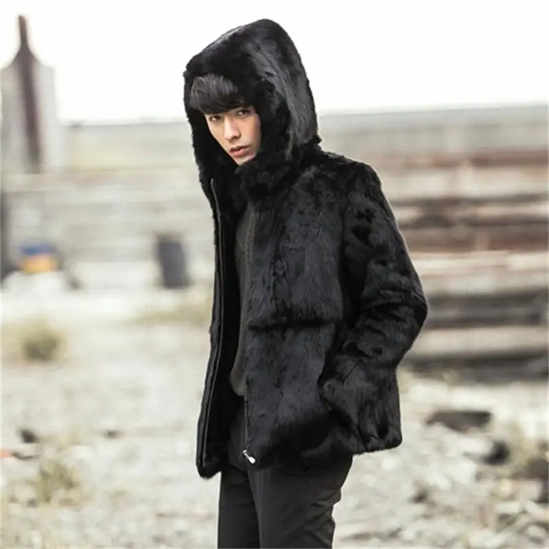 Зимние теплые меховые куртки мужские шубы из искусственного кроличьего меха новые модные мужские черные кожаные куртки с капюшоном Мужские тренчи для отдыха