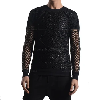 

Fashion Full Sexy Men's Black&White Fishnet TopsTransparent T-shirts Net Mesh Gay See-Thru Lounge Funny Shirt Undershirt