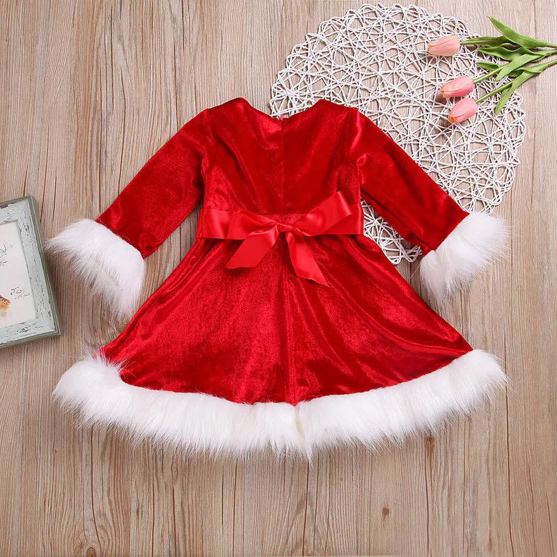 Рождественское красное бархатное платье для девочек; Новинка года; рождественское платье принцессы с длинными рукавами и мехом для маленьких девочек; рождественское цельнокроеное платье принцессы Санта-Клауса