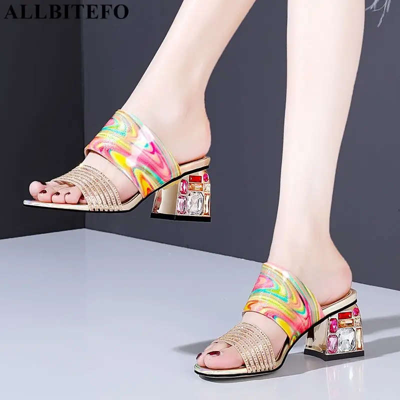 

ALLBITEFO high quality Color diamond genuine leather high heels office ladies shoes high heels women slippers women heels