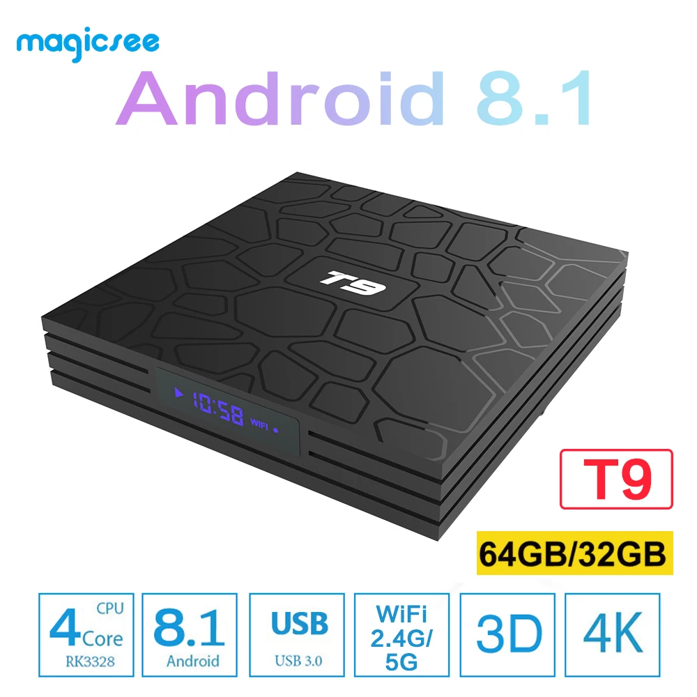 

T9 Tv Box RK3328 Quad Core Android 8.1 TV Box 4G+32G/64G USB 3.0 Smart 4K Set Top Box 2.4G/5G Dual WIFI Bluetooth 4.0 tvbox