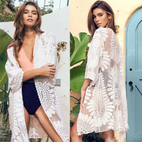 

2019 New Style See Through Flowers Long Sleeve Summer Women Chiffon Cardigan Short Top Beach Floral Shawl Cover-Ups