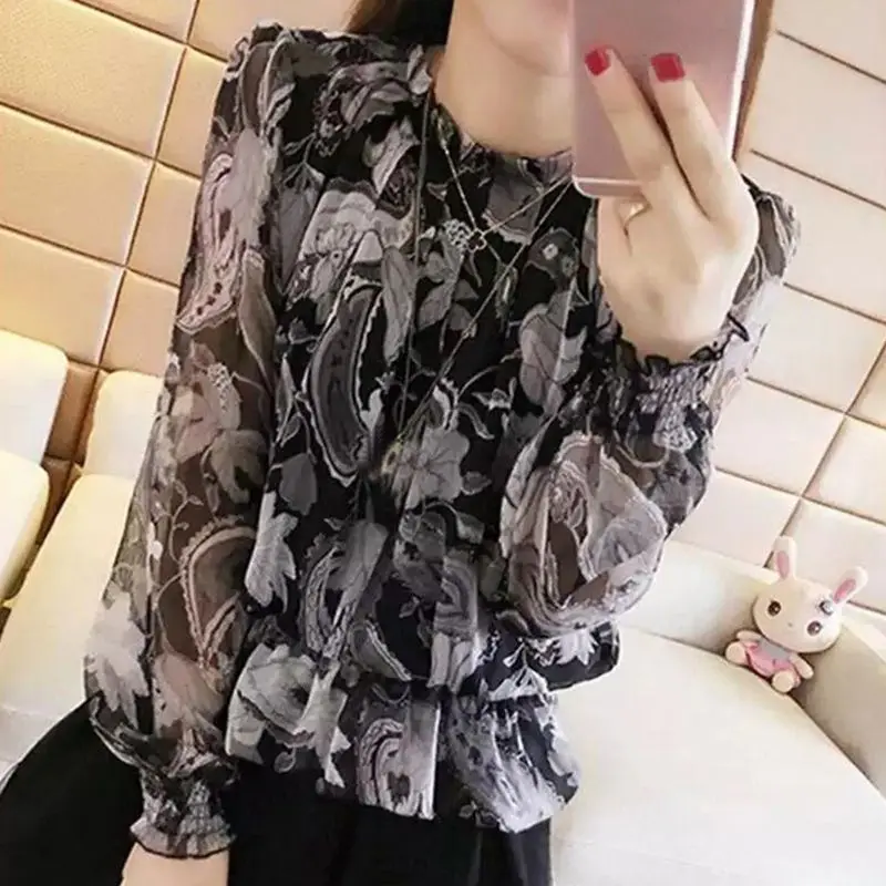 2019 Модная элегантная шифоновая рубашка с круглым вырезом и ярким принтом, шифоновая рубашка с длинными рукавами и воротником