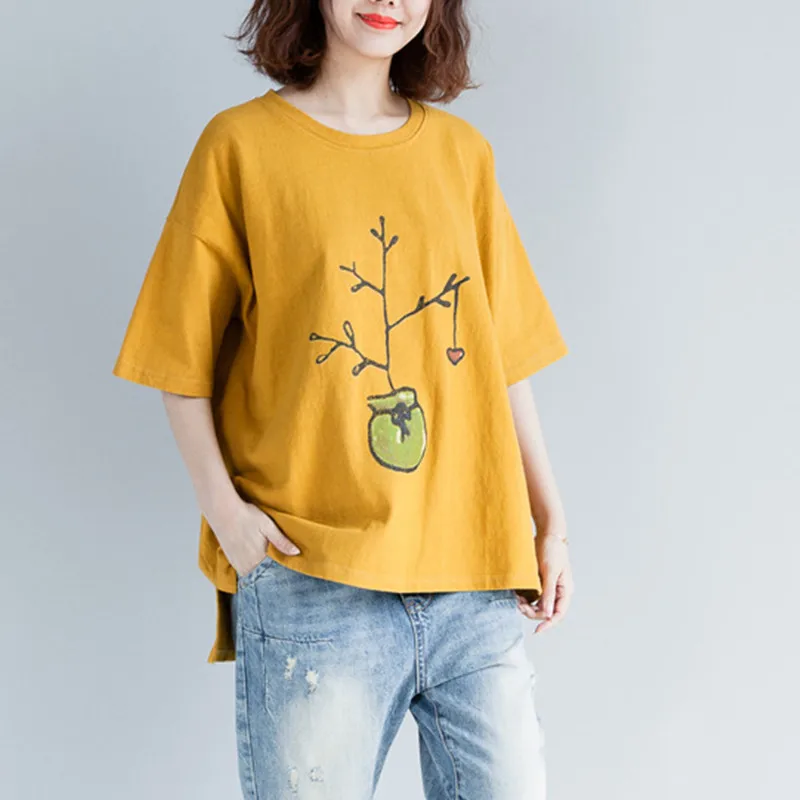 

Johnature Solid Color O-Neck Short Sleeve Tops 2019 Summer New Casual Loose Irregular Plus Size Pullover Women T-Shirts