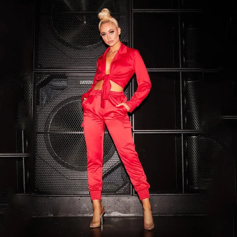

Fashion 2019 Summer Sexy 2 Piece Set Women Stain Turndown Collar Crop Top And Pants Set Festival Matching Sets