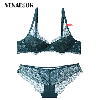 

New Fashion Green Bras Women Lingerie Set Lace Brassiere Deep V Push Up Bra Set Thick Cotton A B C Cup Sexy Underwear Set Black