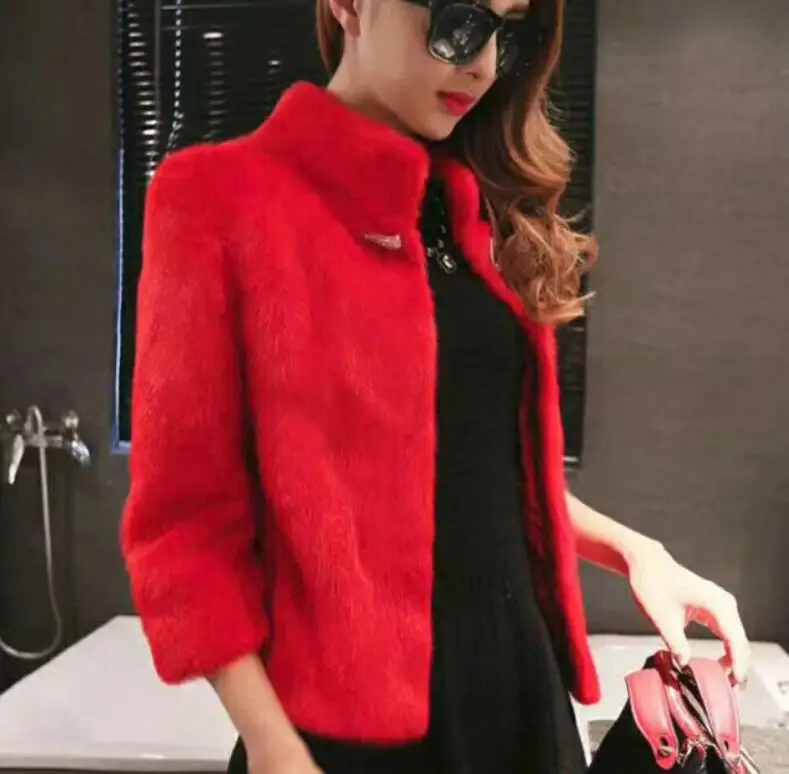 

S-2XL Faux fur coat female winter short water mink seven-point sleeve stand collar diamond buckle fur coat warm thin section