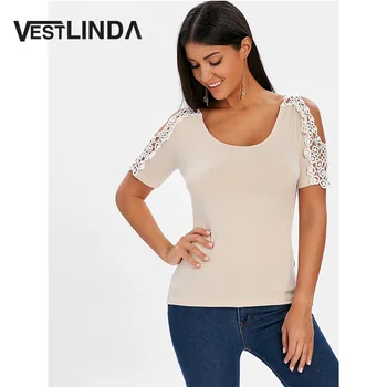 

VESTLINDA Slim Fit O Neck Short Sleeve T-Shirt Lace Panel Casual T Shirt Women Summer Top 2018 Fashion Female Clothing Tops Tees