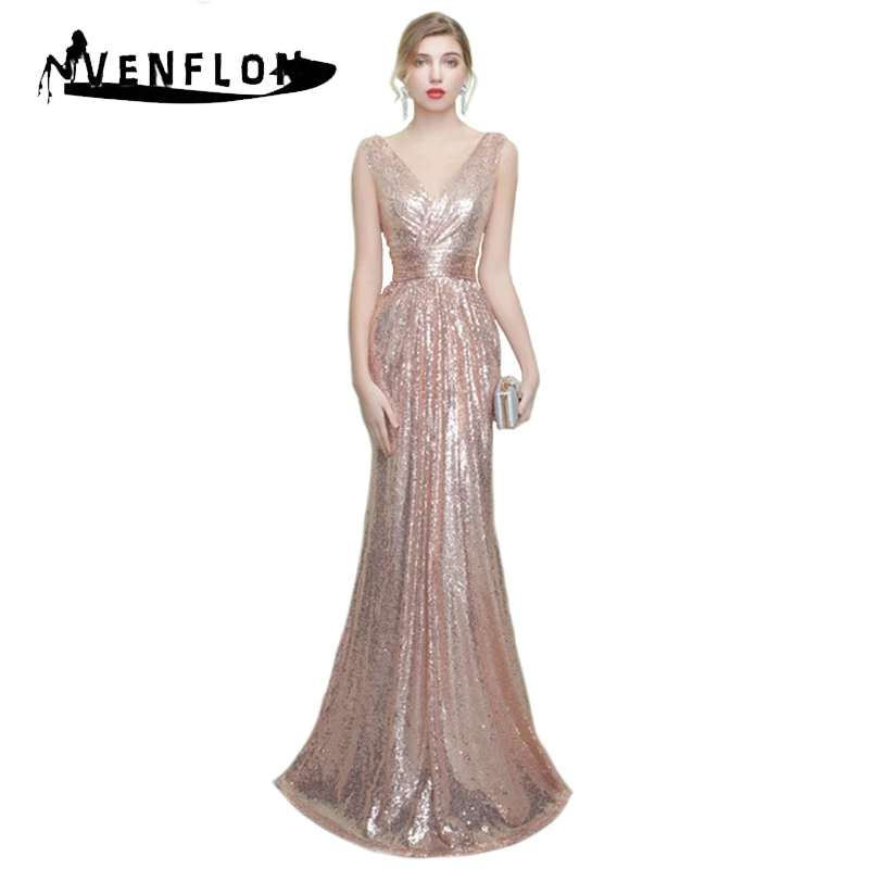 

VENFLON Luxury Summer Dress Women 2019 Elegant Sexy Sleevelesss V-neck Mermaid Sequin Dress Formal Bridesmaids Long Party Dress