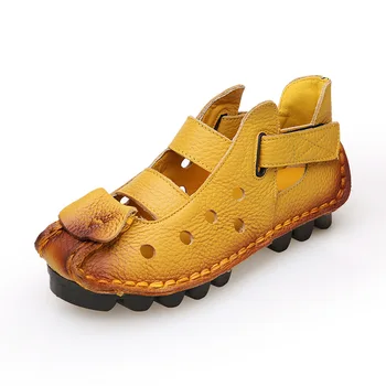 

Hot Sales 2019 Newest Handmade Summer Shoes Fashion Sandals Hollow Soft Real Leather Shoes Women Sandals Non-Slip Flat Sandals