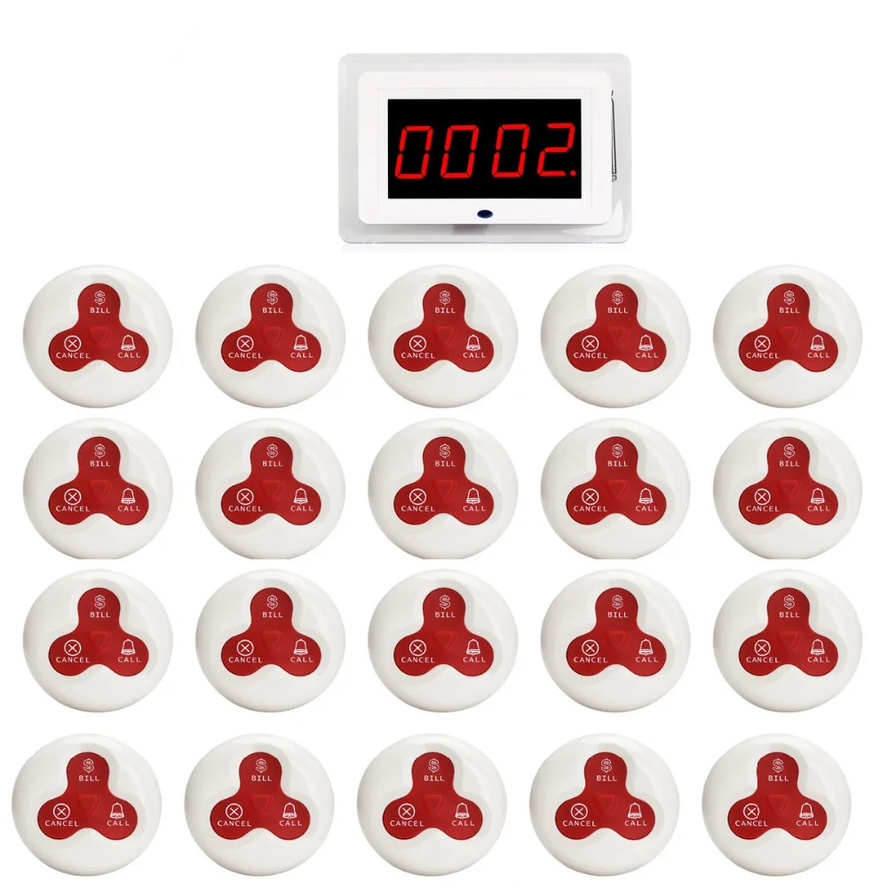 

Wireless Waiter Nurse Calling Pager System Receiver Host Voice Broadcast+20pcs Call Transmitter Button Restaurant F3259B