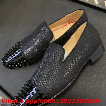 

Slip On Trend Leather Red Bottoms Low Heel Shoes Sneaker For Man Black Glitter Rivet Casual Couple Models Flat Loafers