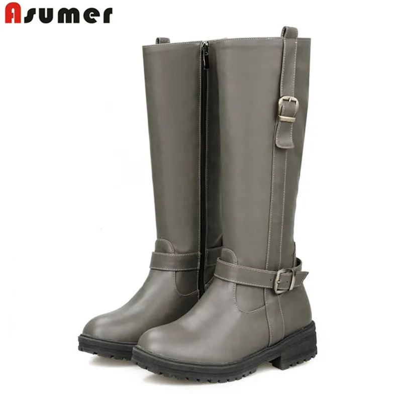 

2016 new fashion women knee high boots square heels buckle round toe soft leather winter motorcyle boots