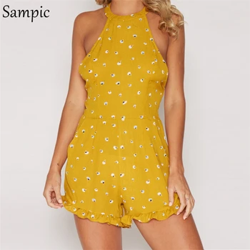 

Sampic summer casual backless cotton floral print rompers high waist halter ruffles rompers women jumpsuit shorts