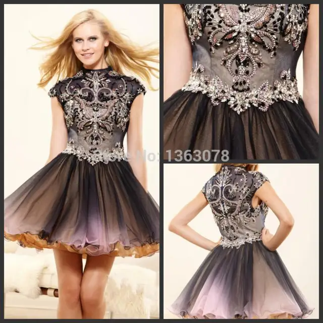 Summer Fashion Teen Dress Ball Gown High Collar Cap Sleeve Above Knee Length Sexy Club Dress