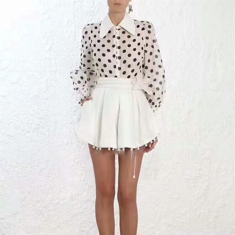 

Women Ivory and Black Dot Lantern Blouse Corsage Linen-blend Shirt