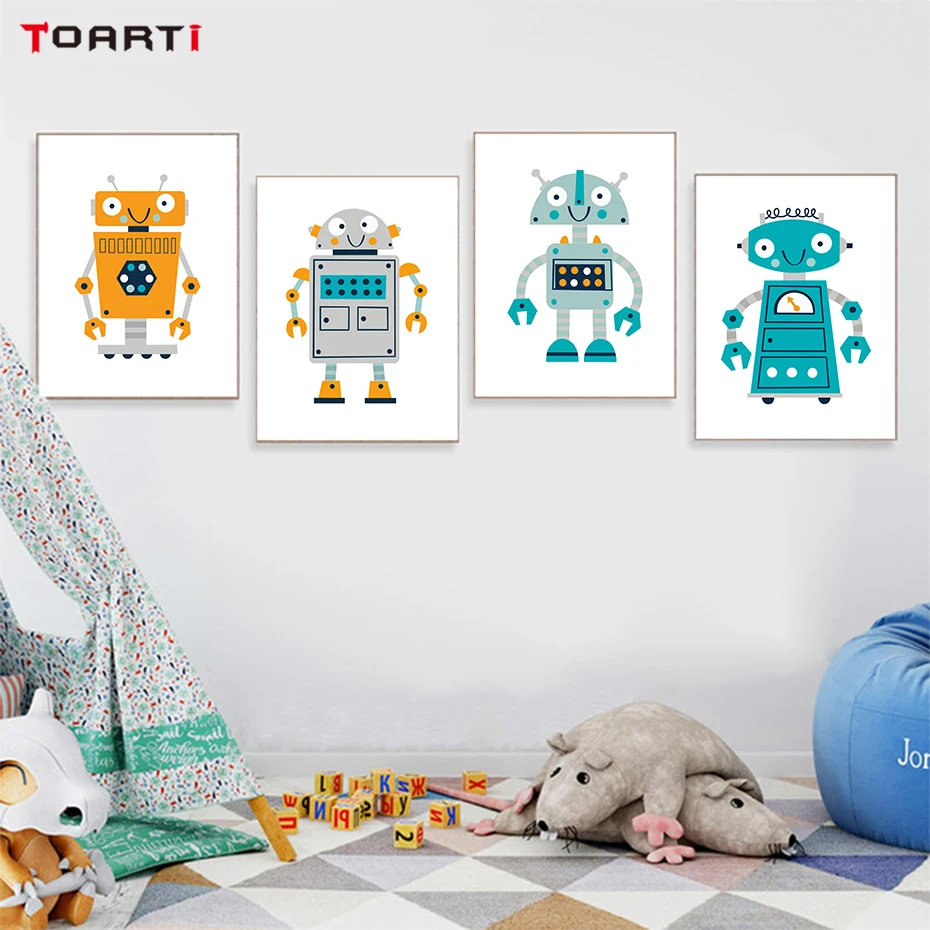 Different Cute Robot Canvas Painting Simple Colorful Cartoon Posters&Prints For Kids Room Nursery Wall Decoration Christmas Gift (2)