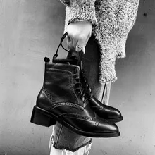MLJUESE/; женские ботильоны из коровьей кожи; зимние короткие плюшевые ботинки на шнуровке; Цвет Черный; стильные женские ботинки с перфорацией типа «броги» для верховой езды; вечерние, свадебные