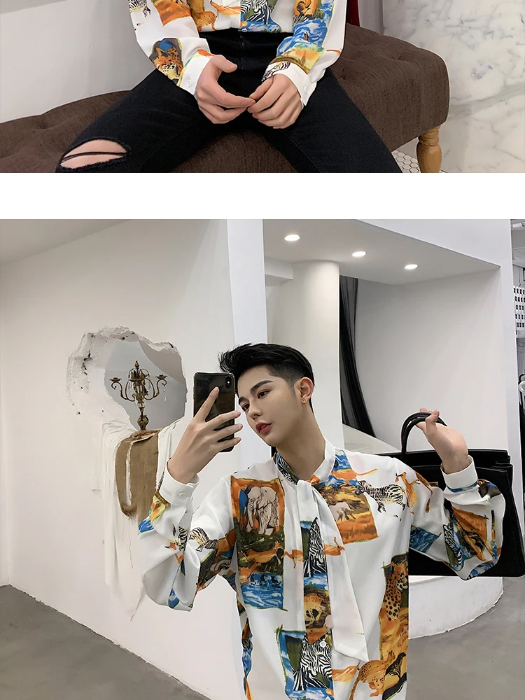 Xiu Luo бренд для мужчин модный принт с длинным рукавом свободная Мужская рубашка в стиле кэжуал галстук бабочка рубашки для влюбленных уличная рубашка