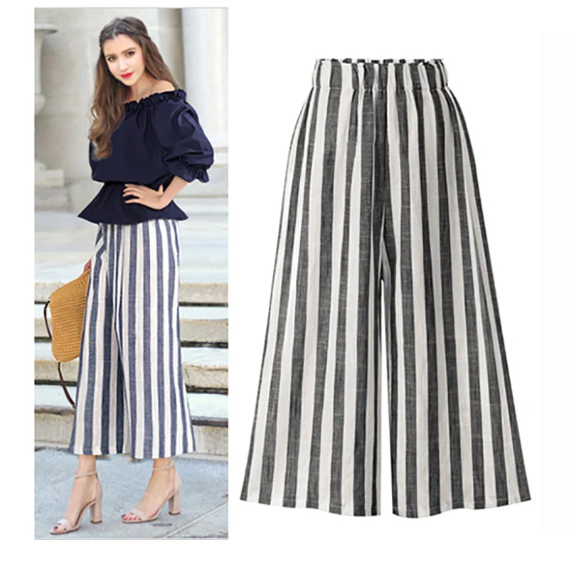 

Plus size Womens thin section Crops Loose High Waist Wide Solid Leg Long Trousers Cotton and linen striped nine pants large size