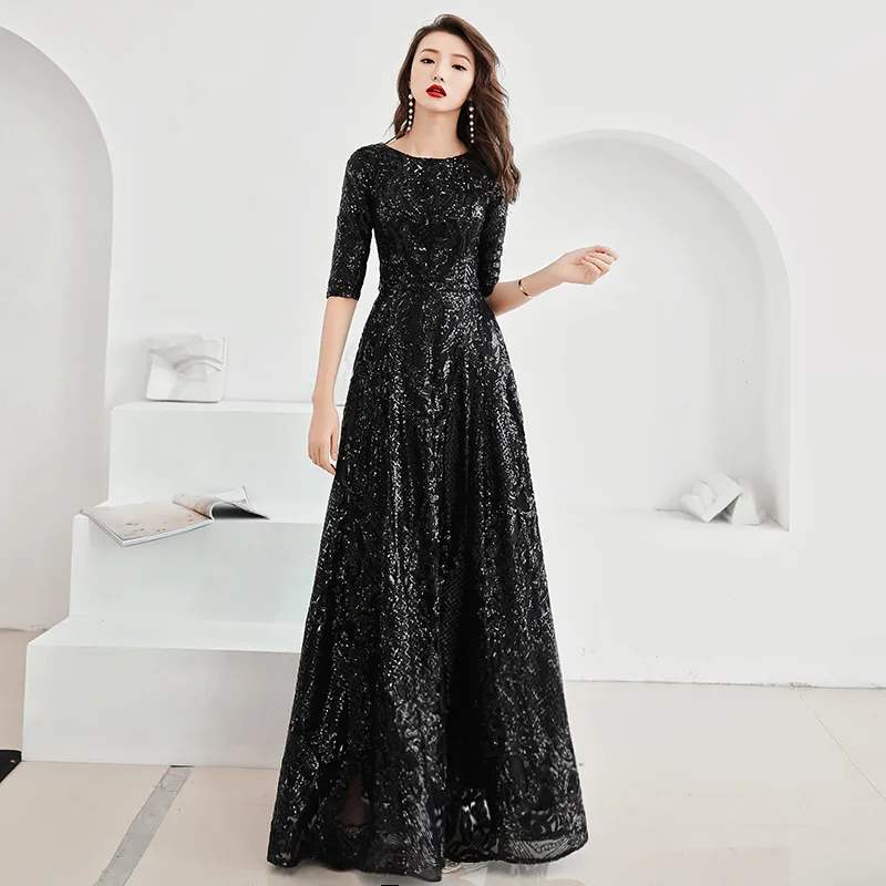black o-neck Вечерние платья Элегантные водолазки It's YiiYa, вечернее платье Простые кружевные, блестками длиной до пола, А-линии на молнии назад, Вечернее платье, E395,Лето - Цвет: black o-neck