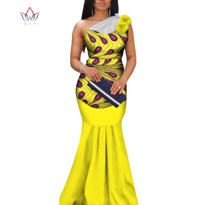 

Applique African Print Yarn Long Dresses for Women Bazin Riche Mermaid Draped Dresses African Style Custom Clothing WY3377