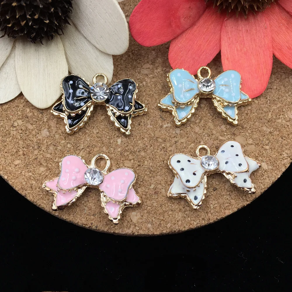 5PCs Fashion Jewelry Charms 16*25MM Polka Dots Enamel Ribbon Knot Bow