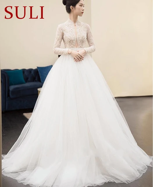 SL-519 Charming Lace Vintage Wedding Dress Pearls Long Sleeve Bridal Wedding Dresses 2018 5
