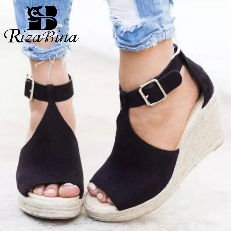 

RIZABINA Metal Buckle Peep Toe Sandals Wedges Casual Daily Vacation Summer Shoes Womem Club Beach Shoes Spring Size 34-43