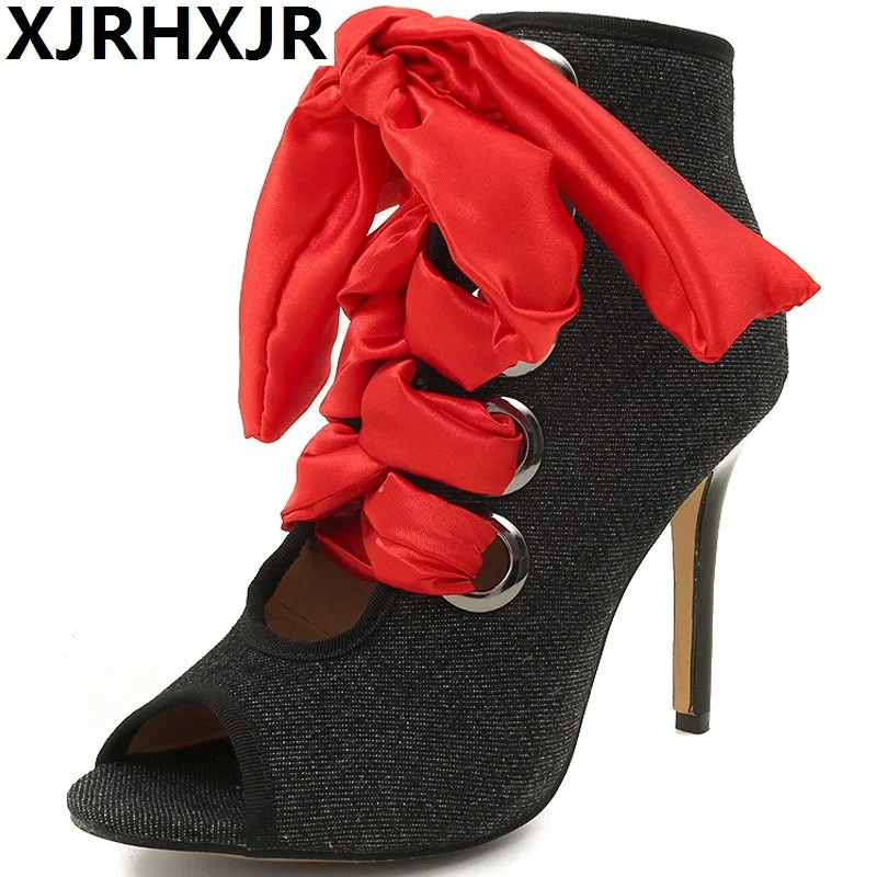 

XJRHXJR 2019 Summer Lace Up Sexy Peep Toe Ladies Thin High Heels Denim Women's Shoes Woman Gladiator Sandals Plus Size 32-46