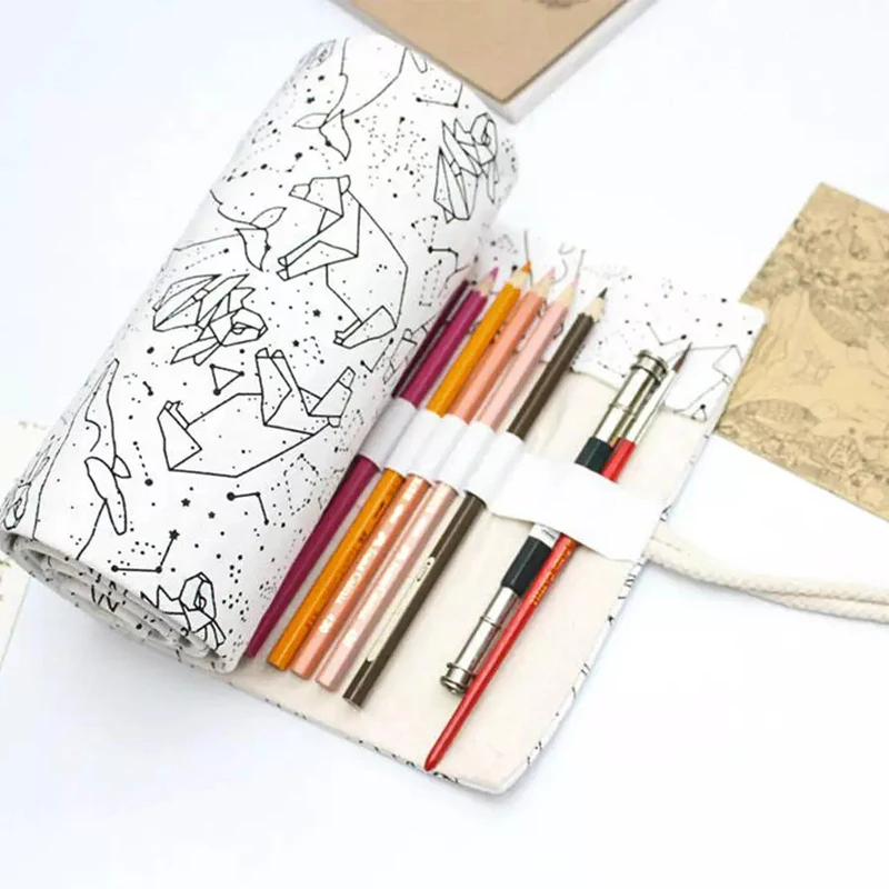 

36/48/72 Holes Pencil Case School Canvas Roll Pouch Makeup Constellation Brush Pen Storage PecncilBox Estuches School Penalty