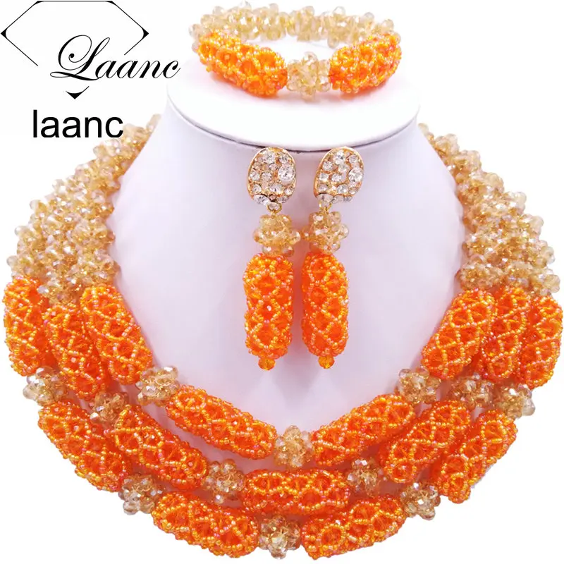 

Laanc Brand African Fashion Nigerian Beads Jewelry Set Champagne Gold AB Orange Wedding Necklace Crystal Jewely Sets XQJZ010